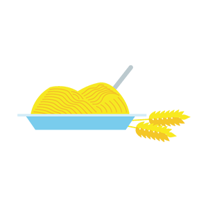 une assiette de pâtes au blé complet et deux épis de blé qui figurent l'apport en fibres de ce plat