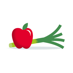 illustration stylisée d'une pomme rouge et d'un poireau